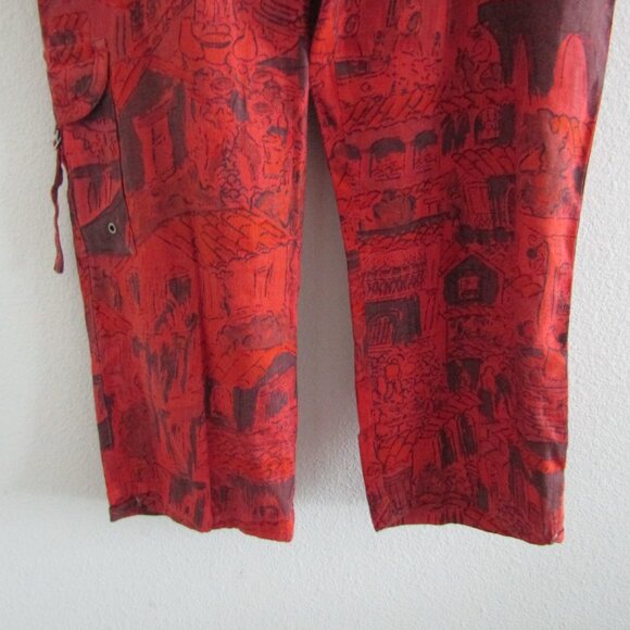 Chico's Vintage Linen Pants 1 Red Printed Coastal Artsy Cargo Boho Lagenlook - Picture 3 of 12